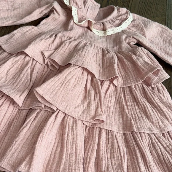 Pink Ruffled Kids Dress custom handmade in poland 100% organic cotton 2T 18-24 m - Picture 8 of 14